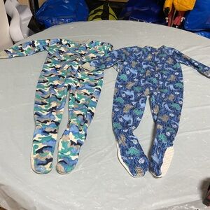 Blue Camouflage & Navy Dinosaur Kids Footed One-Piece Pajamas - 2 Pack
